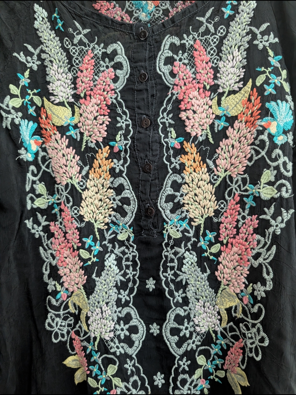 Johnny Was Black Tunic with Multicolor Floral Bird Embroidery Size S - Picture 2 of 8